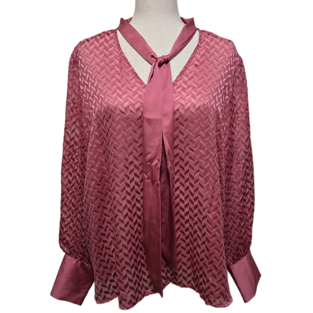 Worthington Pink Blouse Satin and Sheer Chevron Pattern and Tie Detail XXL NWT